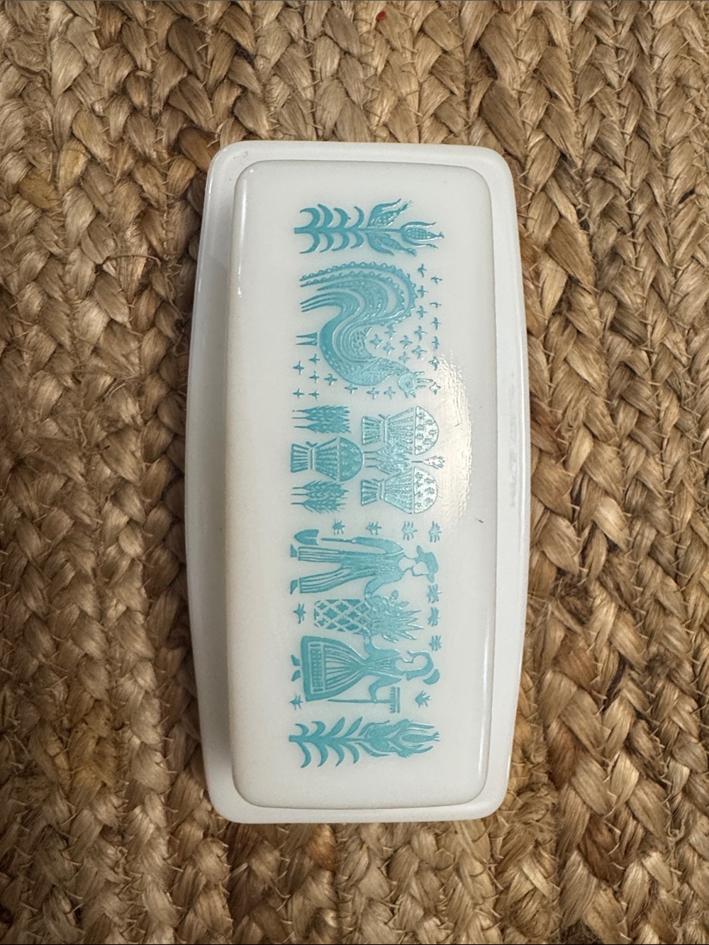 Pyrex White Glass Butter Dish with Teal Folk Pattern - Picture 2 of 7